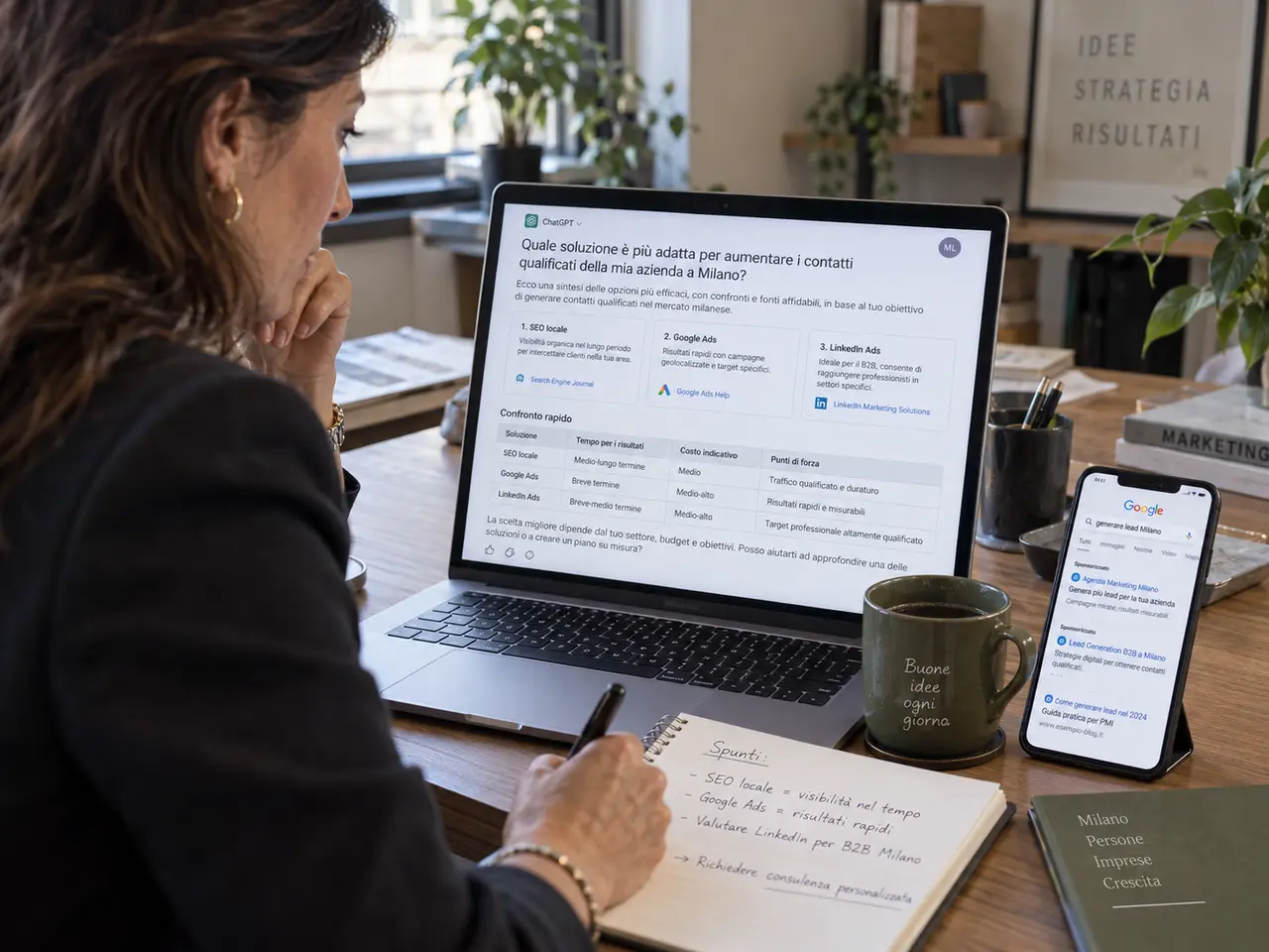 Professionista consulta una risposta generata dall&rsquo;intelligenza artificiale sul laptop e i risultati di Google sullo smartphone