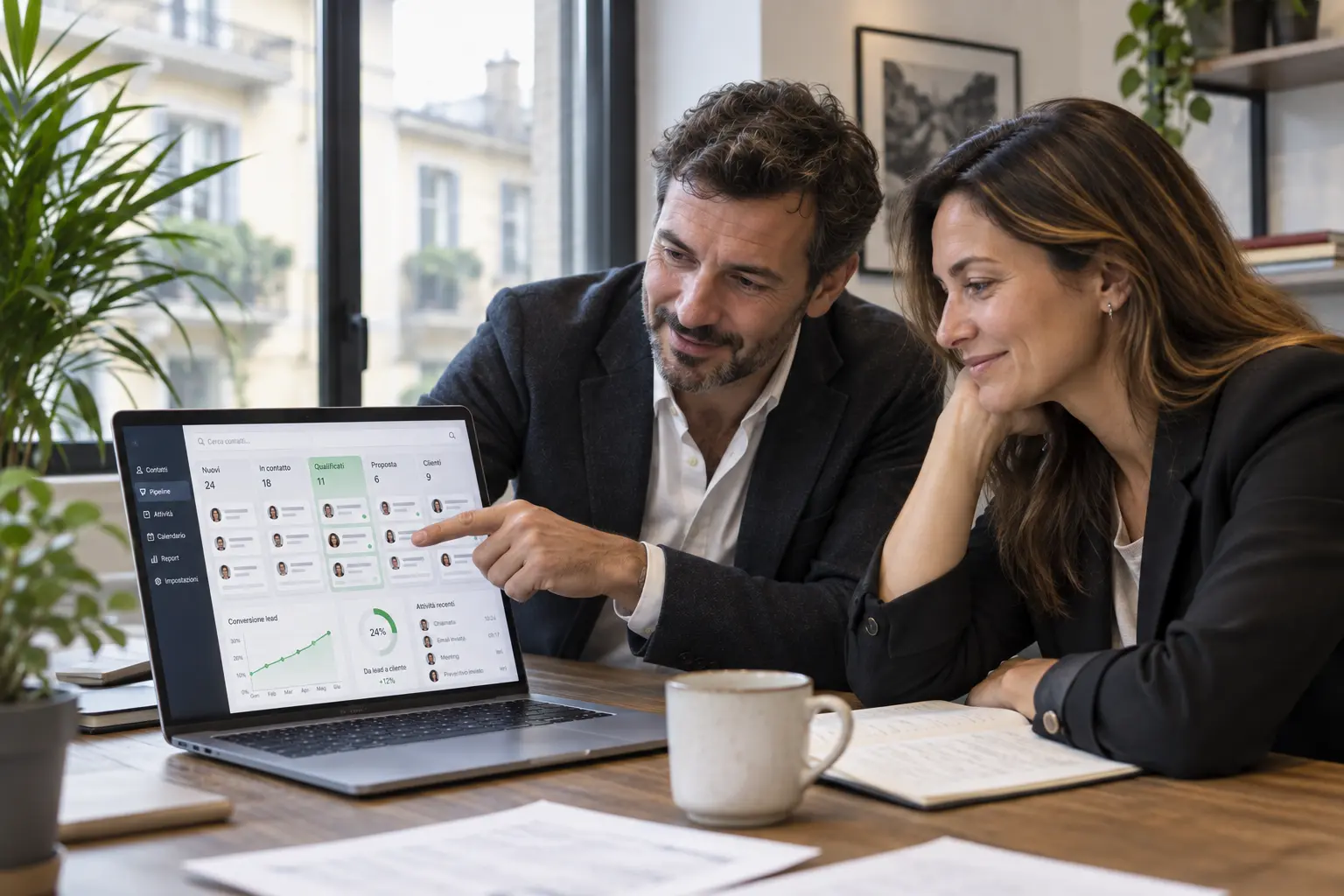 Due professionisti osservano la pipeline dei lead qualificati sullo schermo di un laptop